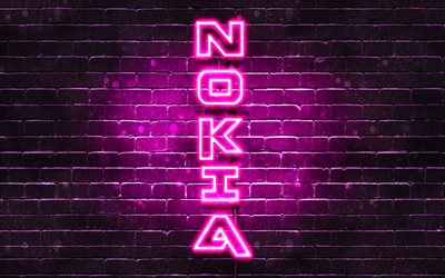 4K, Nokia p&#250;rpura logo, texto vertical, p&#250;rpura brickwall, Nokia ne&#243;n logotipo, creativo, logotipo de Nokia, piezas de arte, Nokia