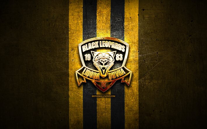 Siyah Leoparlar FC, altın logo, Premier Futbol Ligi, sarı metal arka plan, futbol, Siyah Leopar, PSL, G&#252;ney Afrika Futbol Kul&#252;b&#252;, Siyah Leopar logo, G&#252;ney Afrika