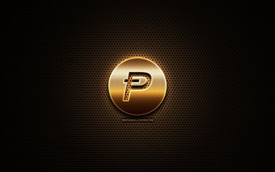 PotCoin glitter logo, cryptocurrency, grid metal background, PotCoin, creative, cryptocurrency signs, PotCoin logo