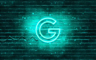 Google turquoise logo, 4k, turquoise brickwall, Google logo, brands, Google neon logo, Google