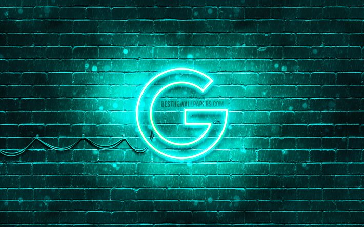 Google turchese logo, 4k, turchese, brickwall, il logo di Google, marche, Google, neon logo di Google