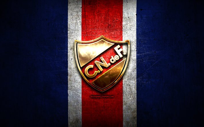 nacional fc, golden logo, uruguay, primera division, blau metall-hintergrund, fu&#223;ball, club nacional de football, fu&#223;ball-club nacional logo, fussball