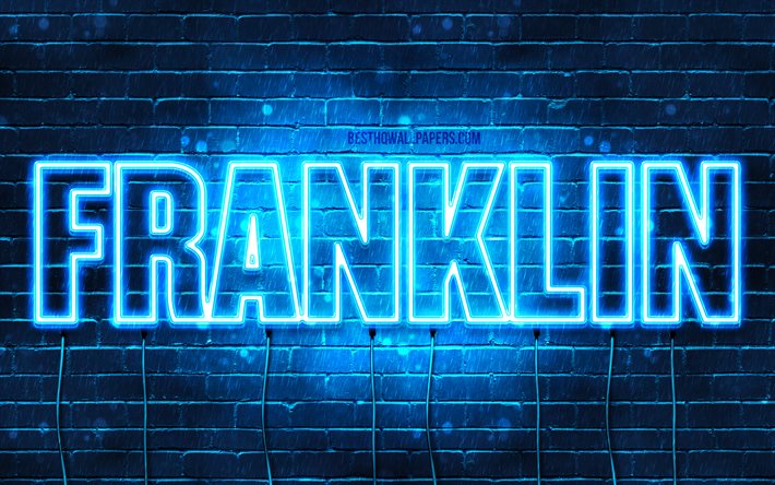 Franklin, 4k, les papiers peints avec les noms, le texte horizontal, Franklin nom, bleu n&#233;on, une photo avec le nom de Franklin