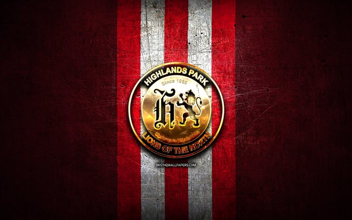 Highlands FC, kultainen logo, Premier Soccer League, punainen metalli tausta, jalkapallo, Highlands, PSL, Etel&#228;-Afrikan football club, Highlands-logo, Etel&#228;-Afrikka