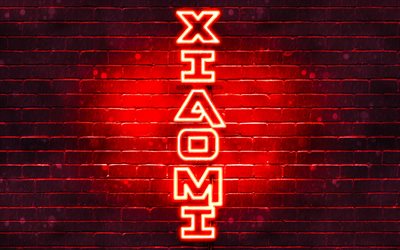 4k, xiaomi red logo, vertikaler text, rot brickwall, xiaomi neon-logo, kreativ, xiaomi-logo, artwork, xiaomi