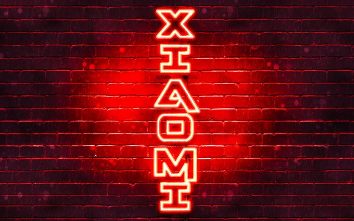 4K, Xiaomi red logo, texte vertical, rouge brickwall, Xiaomi n&#233;on logo, cr&#233;atif, Xiaomi logo, illustration, Xiaomi