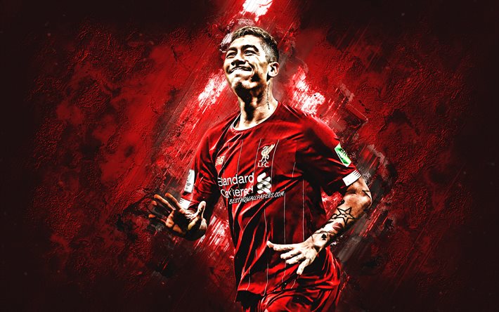 Roberto Firmino, Futebolista brasileiro, O Liverpool FC, vermelho criativo fundo, o meia-atacante, futebol, O Liverpool FC 2020 jogadores de futebol