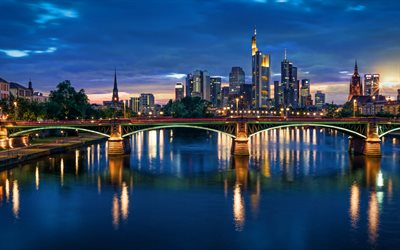 Frankfurt am Main, bridge, nightscapes, german cities, Frankfurt skyline, Germany, Europe