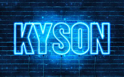 Kyson, 4k, wallpapers with names, horizontal text, Kyson name, blue neon lights, picture with Kyson name