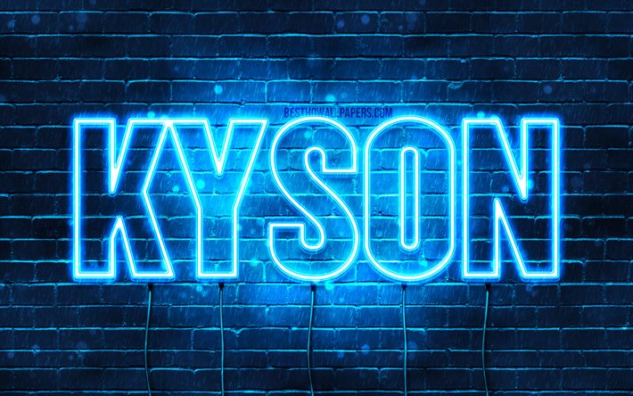 Kyson, 4k, wallpapers with names, horizontal text, Kyson name, blue neon lights, picture with Kyson name