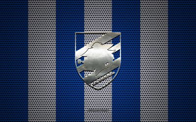 UC Sampdoria logo, Italian football club, metal emblem, blue white metal mesh background, UC Sampdoria, Serie A, Genoa, Italy, football