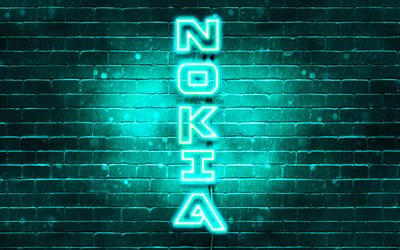 4K, Nokia turquesa logotipo, texto vertical, turquesa brickwall, Nokia ne&#243;n logotipo, creativo, logotipo de Nokia, piezas de arte, Nokia