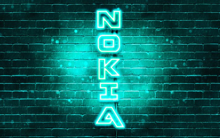 4K, Nokia turkoosi logo, pystysuora teksti, turkoosi brickwall, Nokia neon-logo, luova, Nokia-logo, kuvitus, Nokia