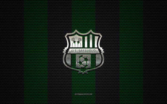 US Sassuolo T&#252;rk logo, İtalyan Futbol Kul&#252;b&#252;, metal amblem, yeşil-siyah metal mesh arka plan, BİZE Sassuolo Ligi, Serie A, Sassuolo, İtalya, futbol