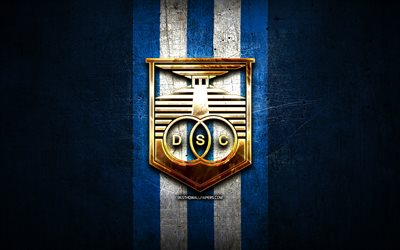 Juventud FC, golden logo, Uruguayan Primera Division, blue metal background, football, CA Juventud de Las Piedras, Uruguayan football club, Juventud logo, soccer, Uruguay