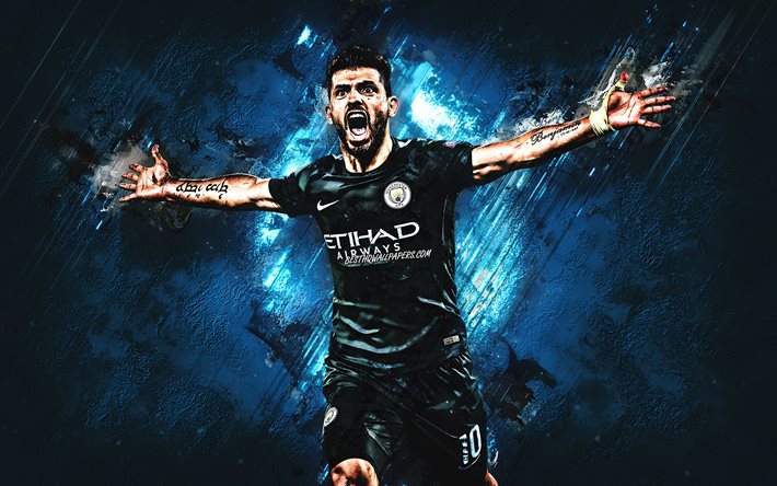 Sergio Aguero, O Manchester City FC, Jogador de futebol argentino, retrato, a pedra azul de fundo, Premier League, Inglaterra, futebol