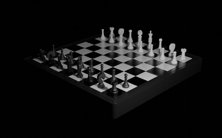tabuleiro de xadrez com xadrez, Fundo preto, Xadrez 3d, Xadrez 3d pe&#231;as em preto e branco, tabuleiro de xadrez, Pe&#231;as de xadrez 3d