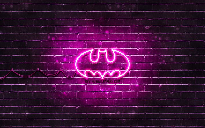 باتمان شعار الأرجواني, 4k, الأرجواني brickwall, باتمان شعار, الأبطال الخارقين, باتمان النيون شعار, باتمان