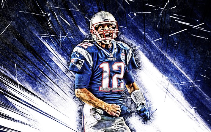 Tom Brady, grunge arte, New England Patriots, NFL, futebol americano, o quarterback, Thomas Edward Patrick Brady Jr, A Liga Nacional De Futebol, azul resumo raios, Tom Brady New England Patriots