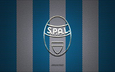 SPAL FC logo, Italian football club, metal emblem, blue and white metal mesh background, SPAL FC, Serie A, Ferrara, Italy, football