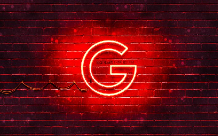 Google logo rosso, 4k, rosso, brickwall, il logo di Google, marche, Google neon logo di Google