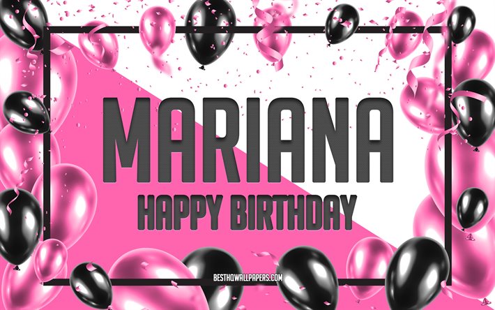お誕生日おめマリアナ, お誕生日の風船の背景, マリアナ, 壁紙名, マリアナHappy Birthday, ピンク色の風船をお誕生の背景, ご挨拶カード, マリアナ誕生日