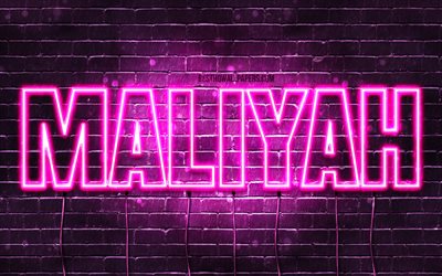 Maliyah, 4k, خلفيات أسماء, أسماء الإناث, Maliyah اسم, الأرجواني أضواء النيون, نص أفقي, صورة مع Maliyah اسم