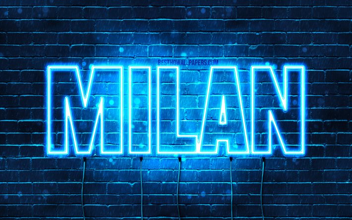 Mil&#225;n, 4k, fondos de pantalla con los nombres, el texto horizontal, Mil&#225;n nombre, luces azules de ne&#243;n, de la imagen con el Milan nombre