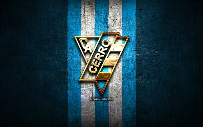 Cerro FC, logo dorato, Uruguay Primera Division, blu, metallo, sfondo, calcio, CA Cerro, Uruguaiano di calcio per club, Cerro logo, Uruguay