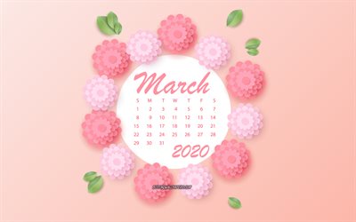 2020 March Calendar, pink background, pink paper roses, March, 2020 spring calendars, roses, March 2020 calendar