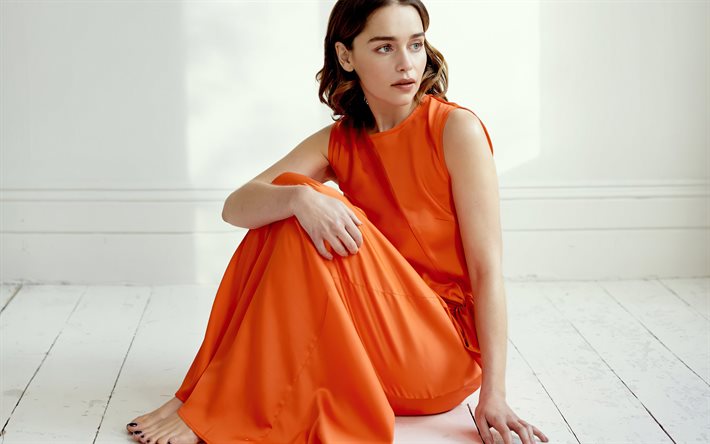 Emilia Clarke, 2020, l&#39;attrice inglese, vestito arancione, stelle del cinema, Hollywood, bellezza, Emilia Clarke servizio fotografico