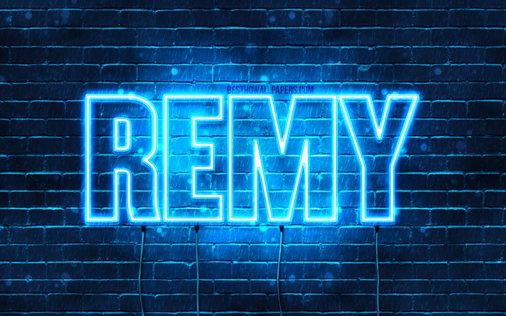 Remy, 4k, taustakuvia nimet, vaakasuuntainen teksti, Remy nimi, blue neon valot, kuva Remy nimi
