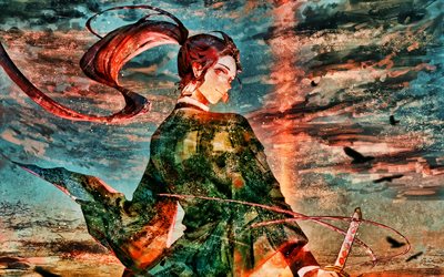 Tanjirou Kamado, kimono, samurai, Kimetsu no Yaiba, Tanjirou, sword, artwork, manga, Kamado Tanjiro