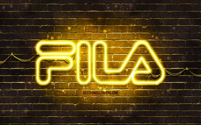 Fila yellow logo, 4k, yellow brickwall, Fila logo, brands, Fila neon logo, Fila