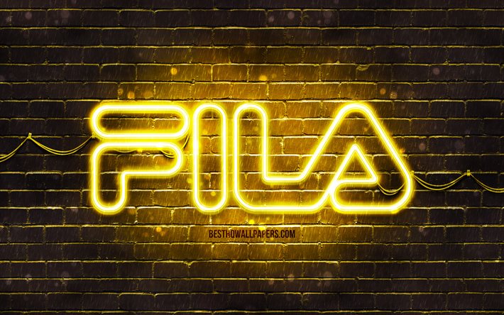 Fila logo jaune, 4k, jaune brickwall, de la Fila, le logo, les marques, la Fila n&#233;on logo Fila