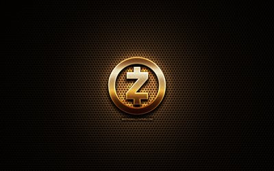 Zcash glitter logo, cryptocurrency, grid metal background, Zcash, creative, cryptocurrency signs, Zcash logo