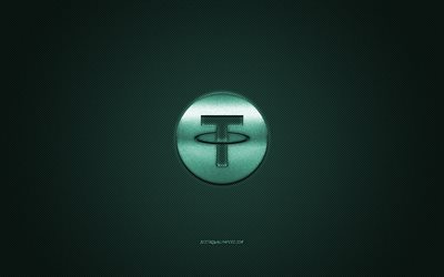 Tether logo, metal emblem, green carbon texture, cryptocurrency, Tether, finance concepts