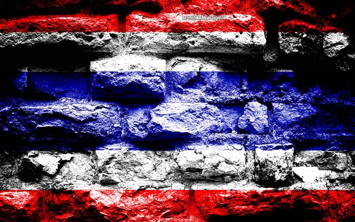Riket Thailand, grunge tegel konsistens, Flagga av Thailand, flaggan p&#229; v&#228;ggen, Thailand, flaggor fr&#229;n l&#228;nder i Asien