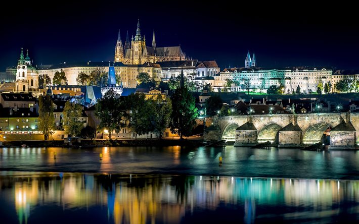 Prague, czech cities, nightscapes, river, bridges, Czech Republic, Europe