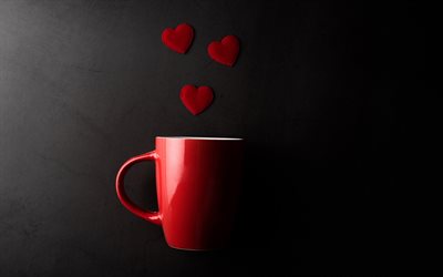Valentines Day, red cup, red hearts, February 14, love concepts, gray stone background