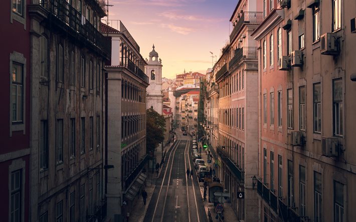 Lissabon, kv&#228;ll, stadsbilden, sp&#229;rvagnssp&#229;r, byggnader, Portugal