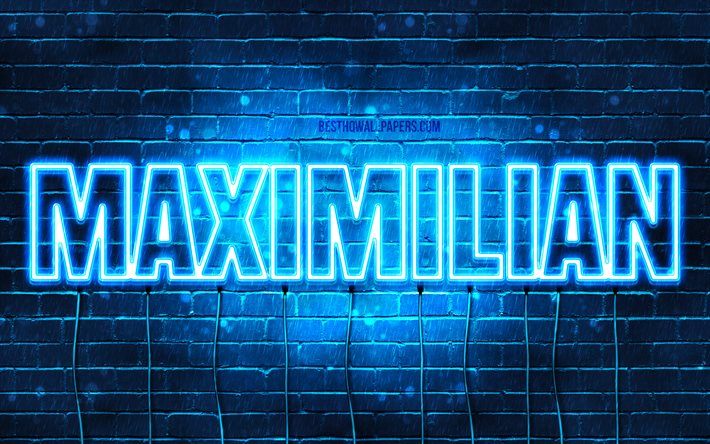 Maximilian, 4k, taustakuvia nimet, vaakasuuntainen teksti, Maximilian nimi, blue neon valot, kuva Maximilian nimi