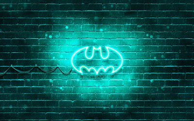 Batman turquoise logo, 4k, turquoise brickwall, Batman logo, superheroes, Batman neon logo, Batman