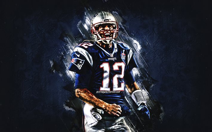 Tom Brady dei New England Patriots, NFL, ritratto, pietra blu di sfondo, il football americano, Campionato Nazionale di Calcio, USA
