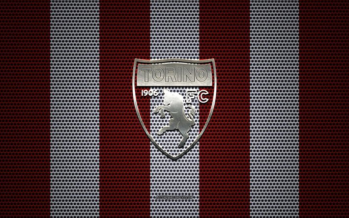 Torino FC logo, İtalyan Futbol Kul&#252;b&#252;, metal amblem, kırmızı ve beyaz metal kafes arka plan, Torino FC, Serie A, Torino, İtalya, futbol