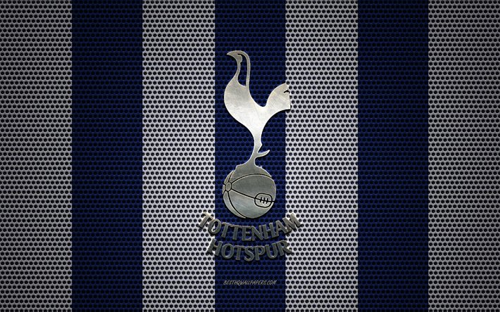 Tottenham Hotspur FC logo, English football club, metal emblem, blue and white metal mesh background, Tottenham Hotspur FC, Premier League, London, England, football