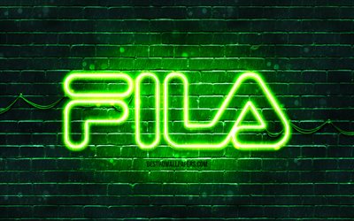 Fila green logo, 4k, green brickwall, Fila logo, brands, Fila neon logo, Fila