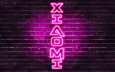 4K, Xiaomi purple logo, vertical text, purple brickwall, Xiaomi neon logo, creative, Xiaomi logo, artwork, Xiaomi