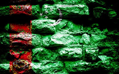 Empire of Turkmenistan, grunge brick texture, Flag of Turkmenistan, flag on brick wall, Turkmenistan, flags of Asian countries
