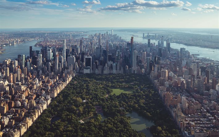 Central Park, Ciudad de Nueva York, Manhattan, por la ma&#241;ana, salida del sol, rascacielos, edificios modernos, metropolis, paisaje urbano, Nueva York, estados UNIDOS